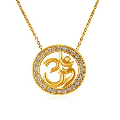 Ohm round diamond halo yoga pendant in 14k yellow gold with chain.