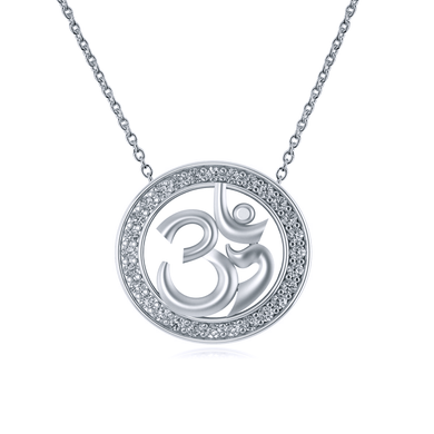 Ohm round diamond halo yoga pendant in 14k white gold with chain.