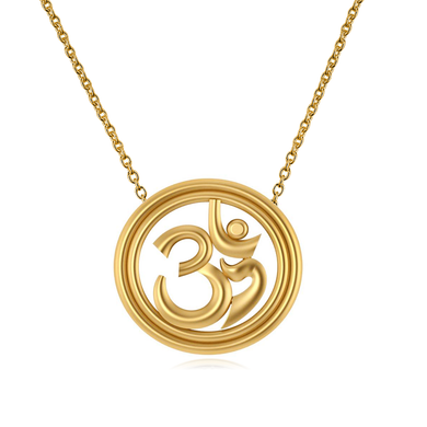 Ohm round halo yoga pendant in 14k yellow gold with chain.
