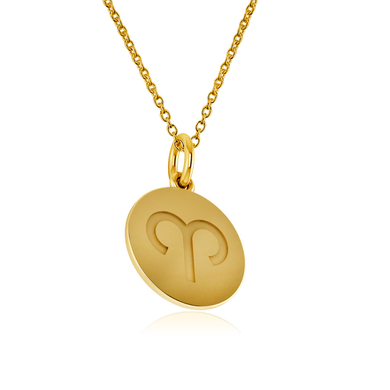 Aries Zodiac Sign Engraved Disc Pendant in 14K yellow gold.