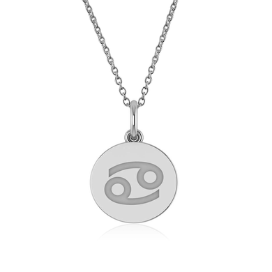 Cancer Zodiac Sign Engraved Disc Pendant in 14K white gold.