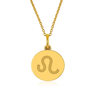 Leo Zodiac Sign Engraved Disc Pendant in 14K yellow gold.