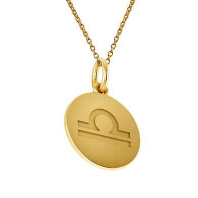 Libra Zodiac Sign Engraved Disc Pendant in 14K yellow gold.