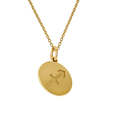 Sagittarius Zodiac Sign Engraved Disc Pendant in 14K yellow gold.