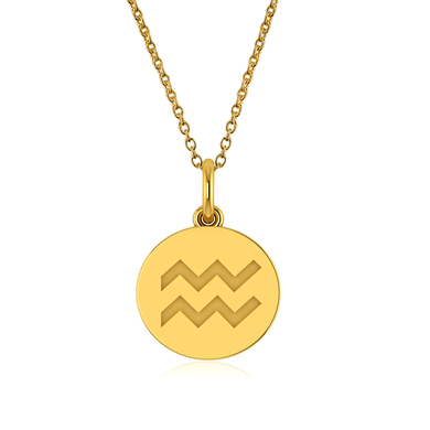 Aquarius Zodiac Sign Engraved Disc Pendant in 14K yellow gold.