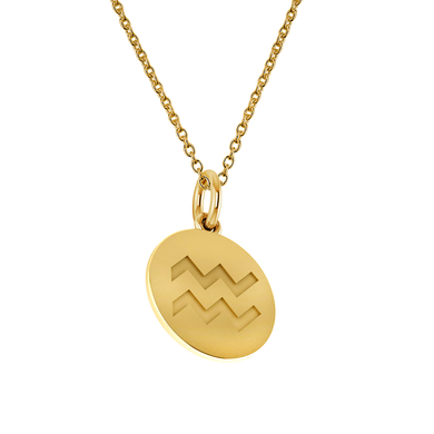 Aquarius Zodiac Sign Engraved Disc Pendant in 14K yellow gold.