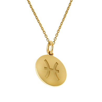 Pisces Zodiac Sign Engraved Disc Pendant in 14K yellow gold.