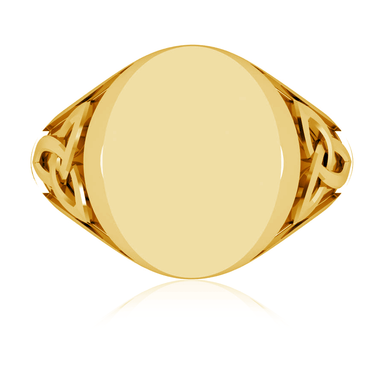 Mens Celtic Knot Oval Signet Ring in 14K yellow gold.