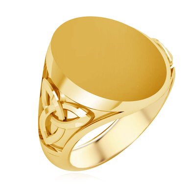 Mens Celtic Knot Oval Signet Ring in 14K yellow gold.