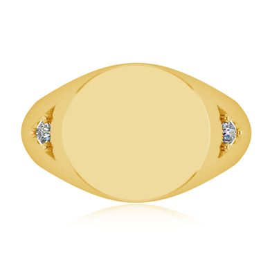 Mens Round Diamond Signet Ring in 14K yellow gold.