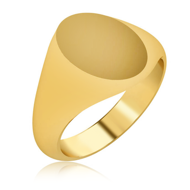 Mens 14mm x 10mm Oval Signet Ring in 14K yellow gold.