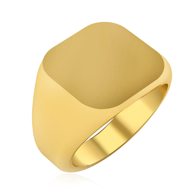 Mens 15mm Cushion Square Shape Signet Ring in 14K yellow gold.