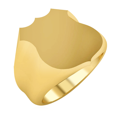 Mens Shield Shaped Badge Signet Ring in 14K yellow gold.