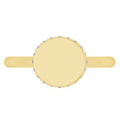 Round Disc Diamond Halo Signet Ring in 14K yellow gold.