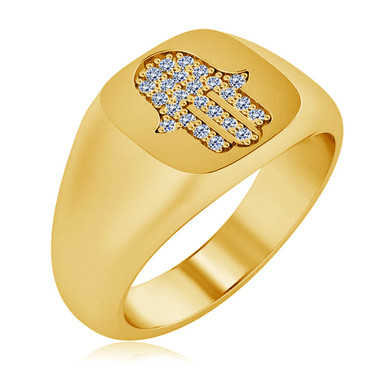 Hamsa Hand Diamond Signet Ring in 14K yellow gold.