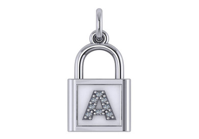 Padlock charm with diamond capital letter pendant in 14k white gold.