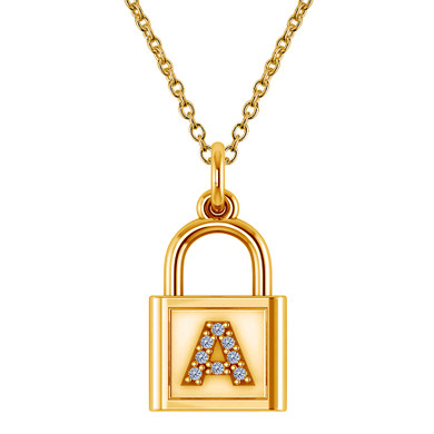 Padlock charm with diamond capital letter pendant in 14k yellow gold with chain.