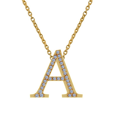 Capital letter diamond alphabet pendant in 14k yellow gold with chain.