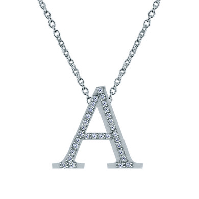 Capital letter diamond alphabet pendant in 14k white gold with chain.