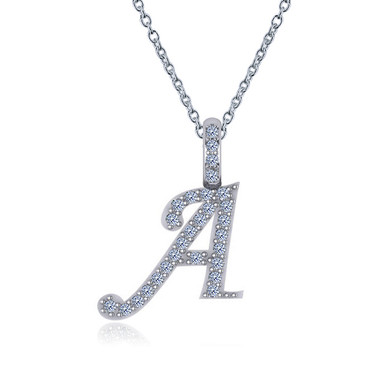 Fancy capital letter diamond pendant in 14k white gold with chain.