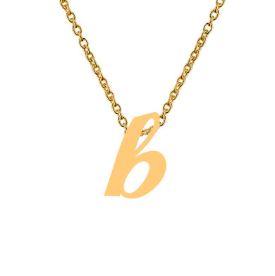 Script lowercase letter pendant in 14k yellow gold with chain.