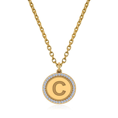 Capital letter diamond disc circle pendant in 14k yellow gold with chain.