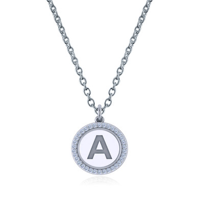 Capital letter diamond disc circle pendant in 14k white gold with chain.