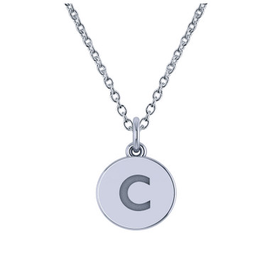 Lowercase letter disc circle pendant in 14k white gold with chain.