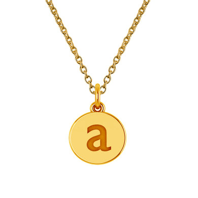 Lowercase letter disc circle pendant in 14k yellow gold with chain.