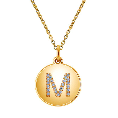 Capital letter diamond  disc circle pendant in 14k yellow gold with chain.