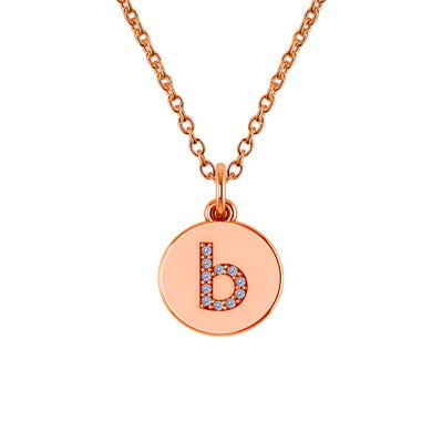 Lowercase letter diamond  disc circle pendant in 14k rose gold with chain.