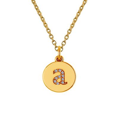 Lowercase letter diamond  disc circle pendant in 14k yellow gold with chain.