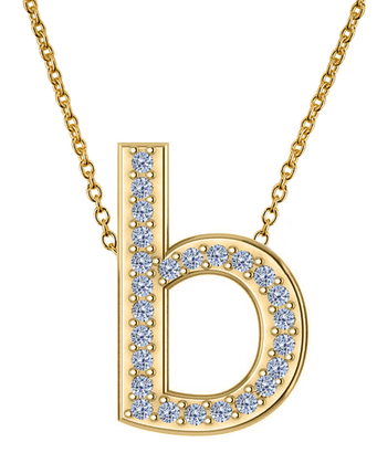 Lowercase 14mm letter diamond initial necklace in 14k yellow gold.