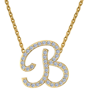 Uppercase cursive capital letter diamond initial necklace in 14k yellow gold.