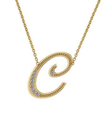 Uppercase cursive milgrain capital letter diamond initial necklace in 14k yellow gold.
