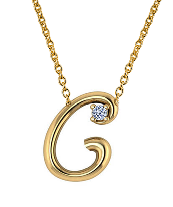 Cursive diamond accent capital letter initial necklace in 14k yellow gold.
