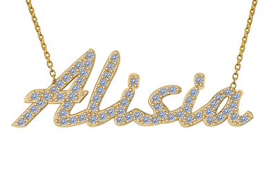 Cursive diamond name necklace in 14k yellow gold.