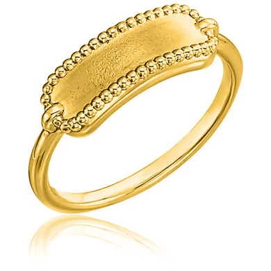 Engravable rectangular beaded signet name ring in 14k yellow gold.