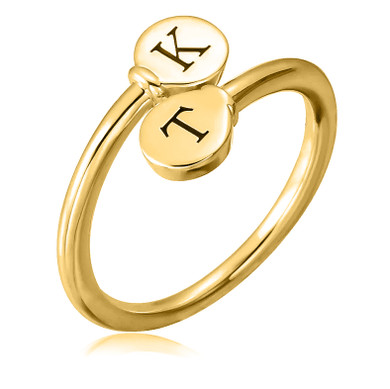 Crossover engravable double initial ring in 14k yellow gold.