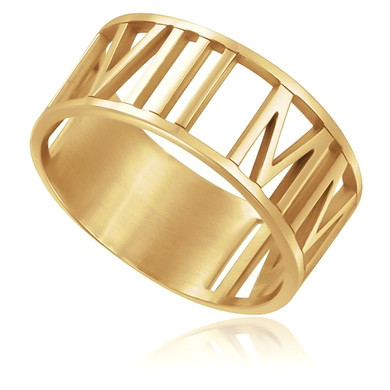 Roman numeral date ring in 14k yellow gold.