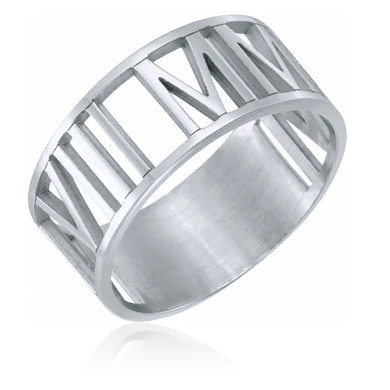 Roman numeral date wedding band in 14k white gold.