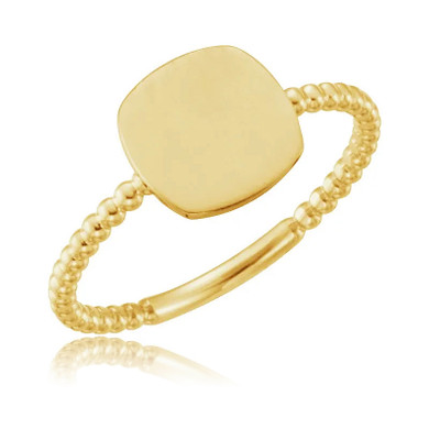 Cushion shaped beaded antique engravable ring in 14k yellow gold.