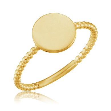 Round shaped beaded engravable ring in 14k yellow gold.
