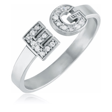 Ladies capital letter personalized pave diamond double initial ring in 14k white gold.