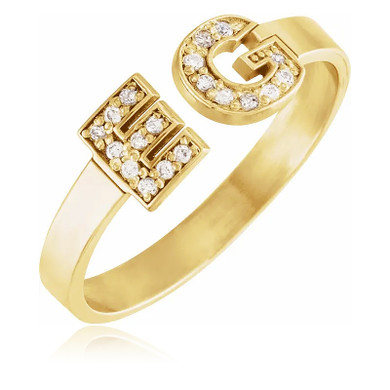 Ladies capital letter personalized pave diamond double initial ring in 14k yellow gold.