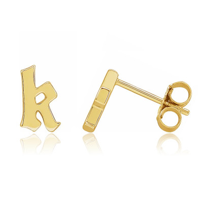 Gothic letter post stud earrings in 14k yellow gold.