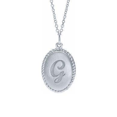 Engraved oval disc rope pendant in sterling silver.