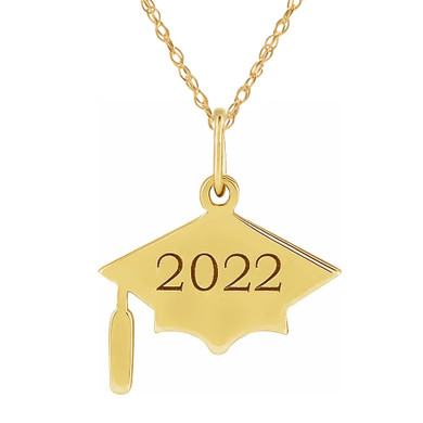 Graduation year cap and tassel pendant in 14k yellow gold.