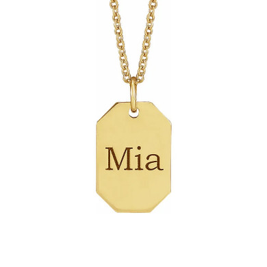 Engraved dog tag pendant in 14k yellow gold.