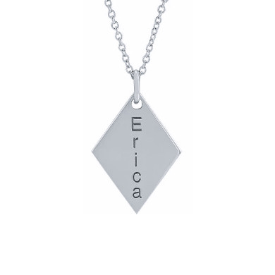 Engraved diamond shape pendant in sterling silver.